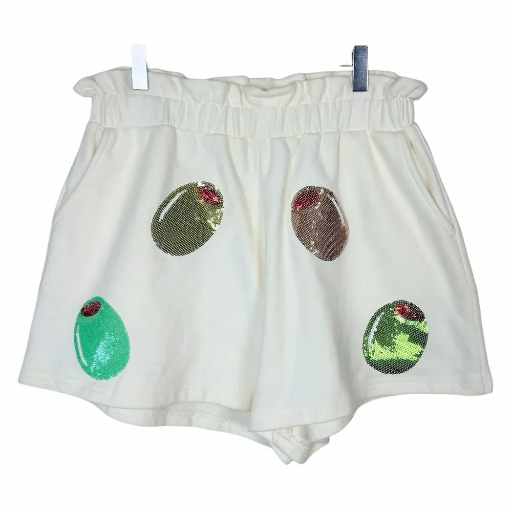 Queen Of Sparkles Allover Sequin Olive Print Martini Shorts Cream NWT Sz S
